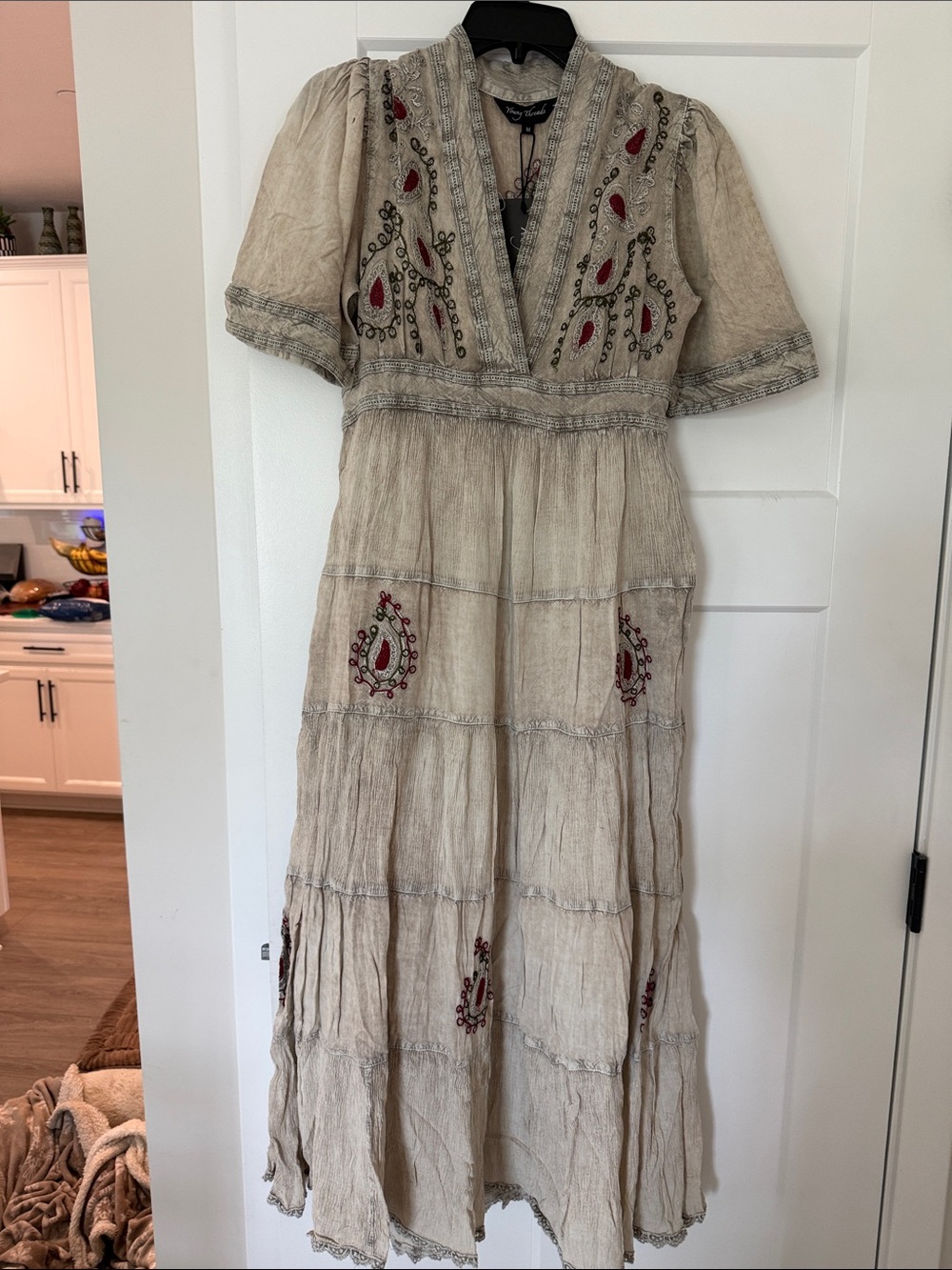 Embroidered Maxi Dress in Beige with burgundy and green Accents
